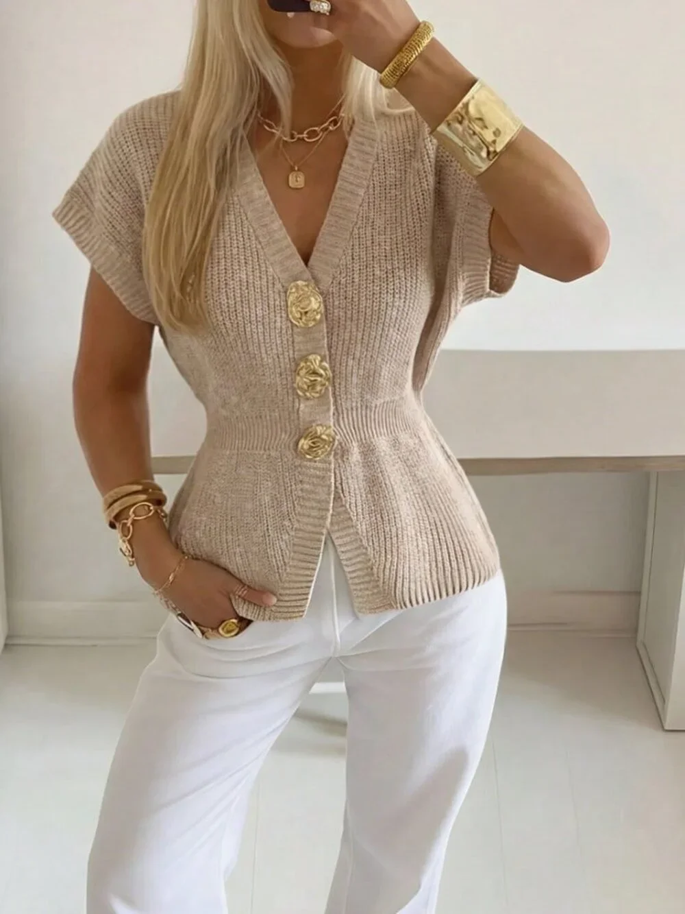Apricot Casual Women's V-Neck Short Sleeve Button Shirt